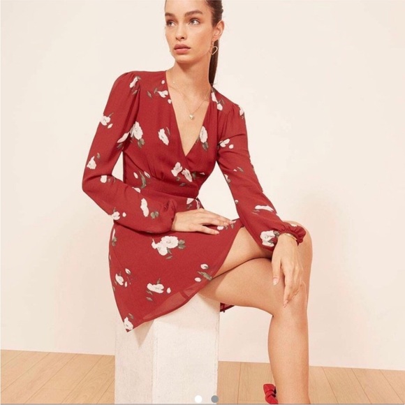 Reformation Red Collins Floral Wrap Mini Dress Size XS - Picture 2 of 11